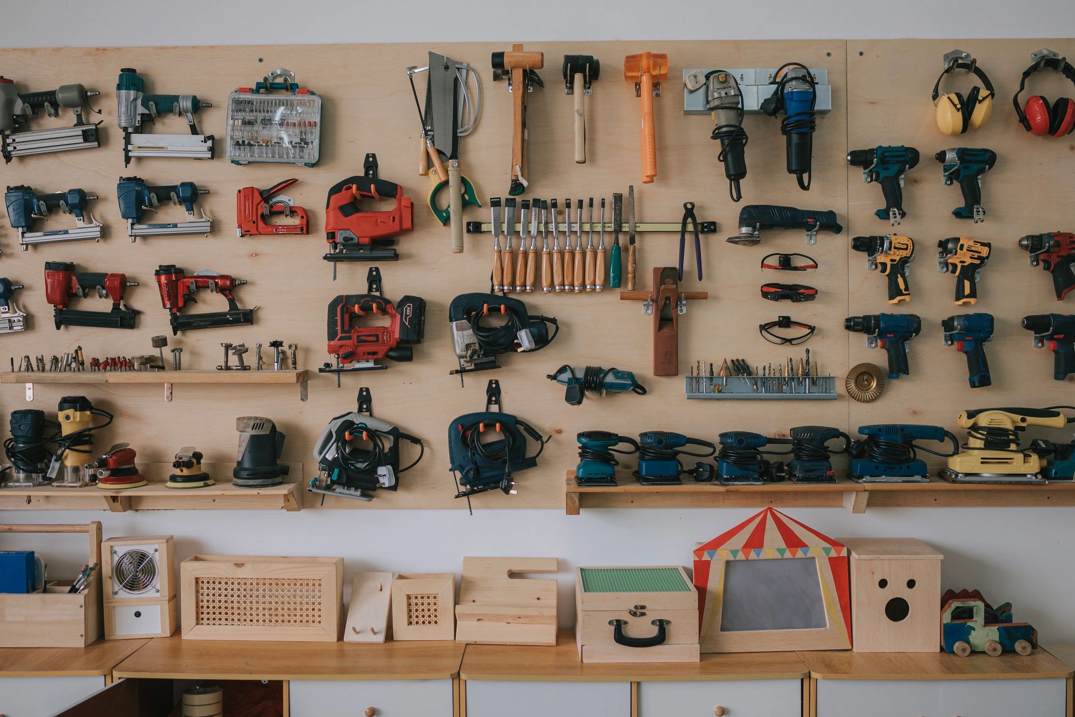 Hand tools on a workshop workbench