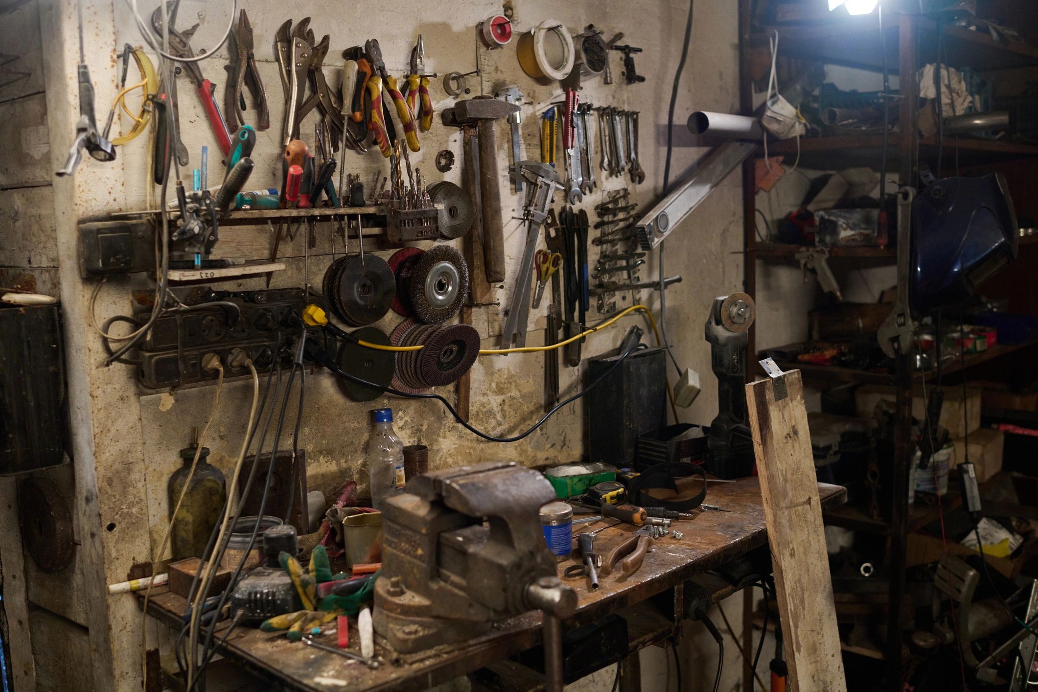Workshop wall with hanging tools